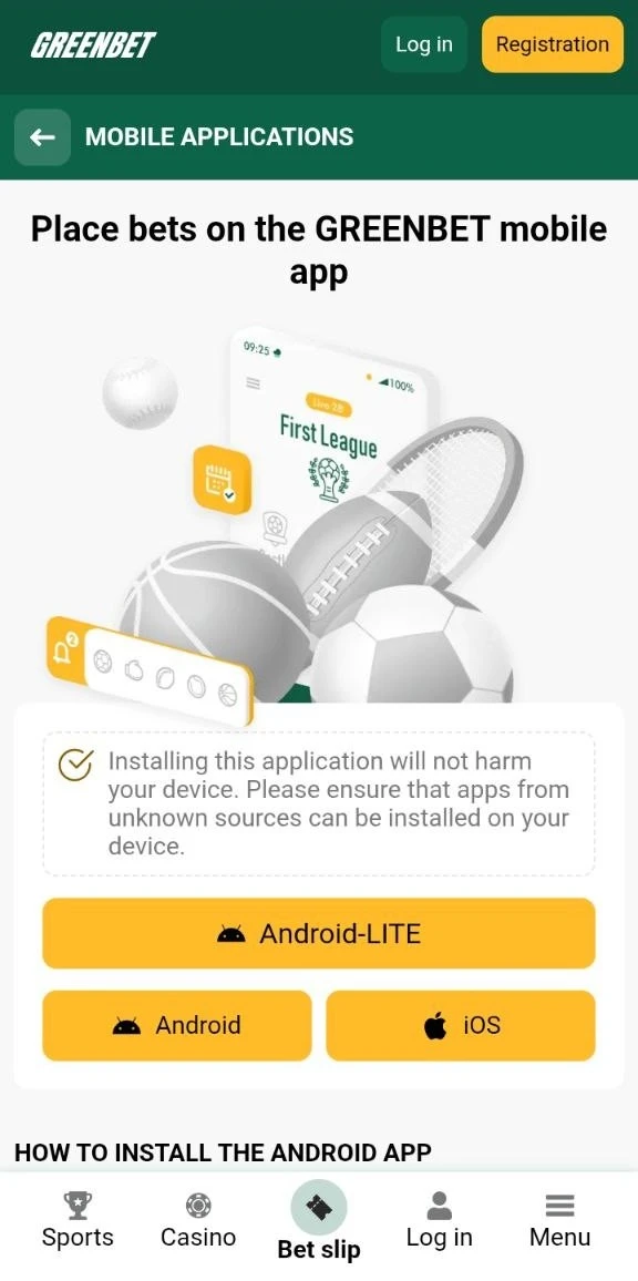 Greenbet mobile applications page with Android-LITE, Android and iOS download buttons