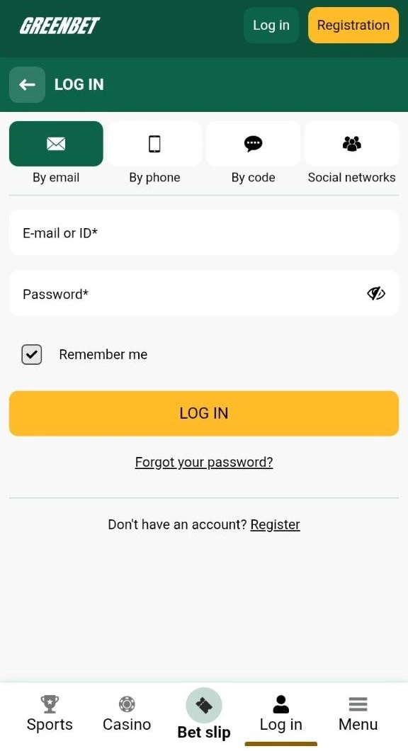 Greenbet login form on the By email tab with E-mail or ID and password fields
