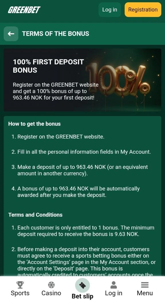 Greenbet 100% first deposit bonus terms page on a phone