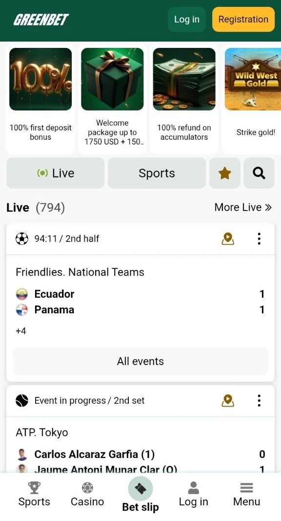 Greenbet main page on a phone with bonus banners and live football events