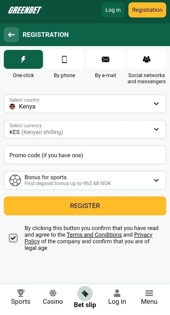 Greenbet one-click registration form with Kenya and KES selected and the sports bonus option
